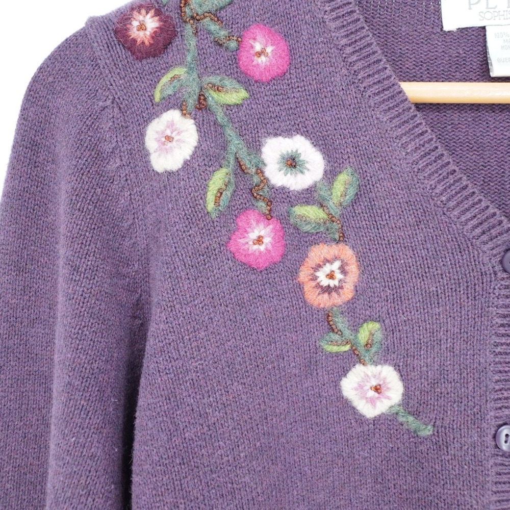 Vintage Embroidered Cardigan Sweater Petite XS Purple Cottagecore Whimsigoth Y2K - Picture 2 of 14